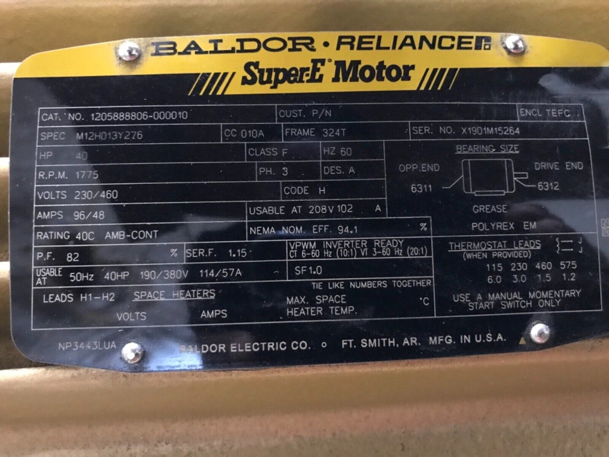 BALDOR MOTOR W/ PULLEY M12H013Y276 40HP 3PH 324T FRAME 230/460V M...
