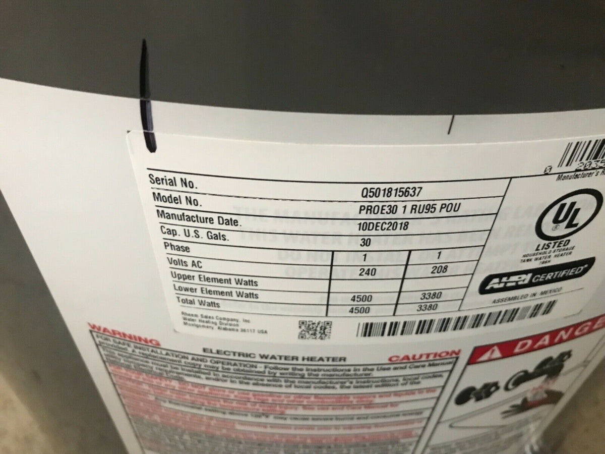 RHEEM PROE30 1 RU95 POU Electric Water Heater, 30 Gal, 240VAC, 1 Ph...