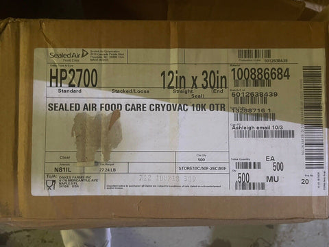 SEALED AIR HP2700 10K OTR FRESH FISH NON-BARRIER CRYOVAC SHRINK BAGS 12"X30" 500