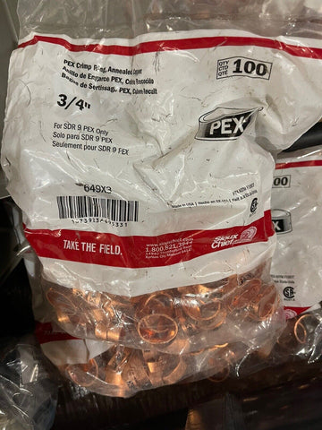 (100)  3/4" PEX Copper Crimp Rings USA 649X3 Sioux Chief *FREE SHIPPING**