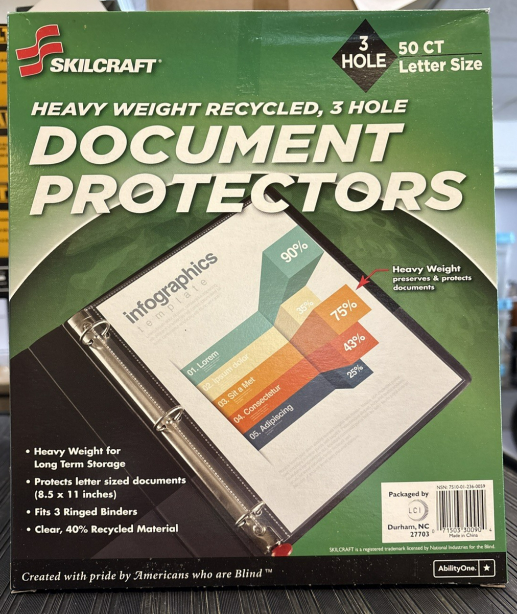 NEW Skilcraft Heavy Weight Recycled 3 Hole Document Protectors Lett...