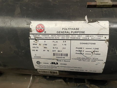 US MOTORS 103202-05 2 HP 1750 RPM 460V 50Hz Polyphase Air Over P63TYEKD-4992