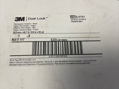 3M Dual Lock Reclosable Fastener  - BLK, SJ3751 3/4" X 50YD ROLL *FREE SHIPPING*