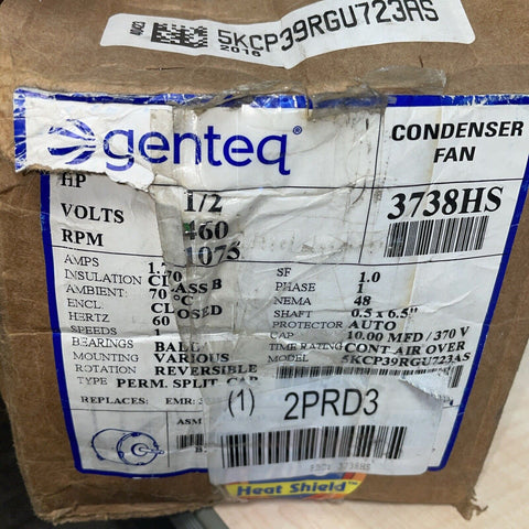 Genteq 3738HS Condenser Fan Motor,  1/2 HP, 460V .5” X 6.42” Shaft.