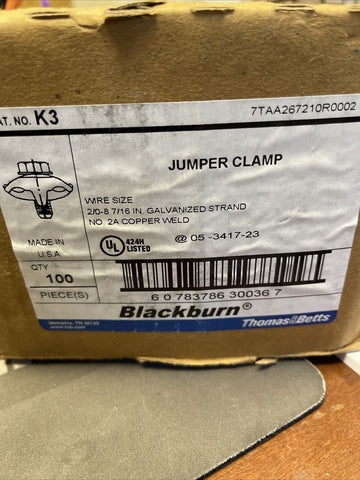 100-PACK THOMAS BETTS BLACKBURN K3 JUMPER CLAMP 2/0-8 7/16" STR 2A COPPER WELD