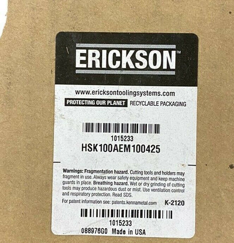 NEW ERICKSON KENNAMETAL HSK 100 END MILL HOLDER HSK100AEM100425 (SIZE 1")