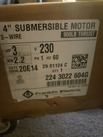 Neuf Franklin Submersible 3 HP, 230v, 3 Câble Well Pompe Moteur 224 3022 604G