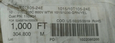 NEW 1015/10T105-24E 105C 600V MTW 1015/1230 GRN/YEL