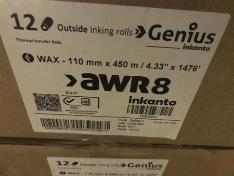 Inkanto T65082IO Premium Wax Ribbon, 110mm x 450m, AWR 8, 12 Rolls/Case