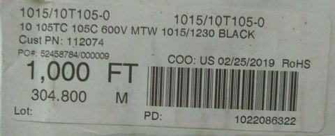 NEW 1015/10T105-0 10 105TC 105C 600V MTW 1015/1230 BLACK