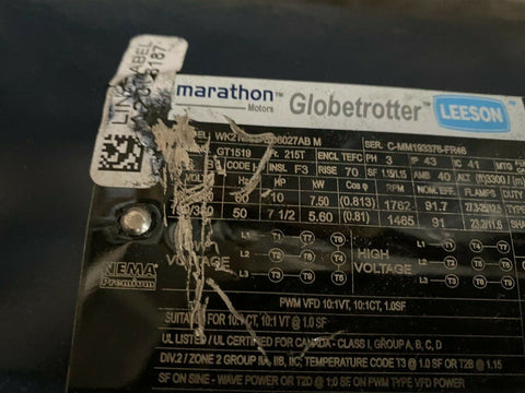 BRAND NEW 10HP MARATHON,1762RPM 215T TEFC , 3PH GLOBETROTTER MOTOR GT1519