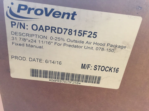 PROVENT OAPRD7815F25 0-25% Outside Air Hood Package 4 York Predator 3 - 12½ Ton