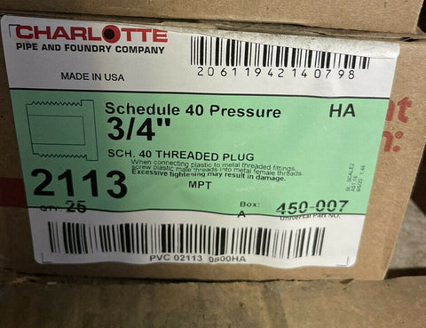 CHARLOTTE SCHEDULE 40 PRESSURE 3/4" THREADED PLUG, 2113, 450-007, BOX OF 25-Mega Mart Warehouse