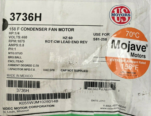 New 3736H, Us Motors, 1/4 HP, 1075 RPM, 460V/1PH, K55HXTDS-8457, FR: 48Y