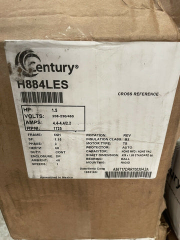 NEW Century H884LES 3-Phase Belt Drive Motor, 1.5 Hp, 56H Frame, 208-230/460V Ac