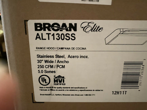 BRAND NEW Broan  ALT130SS Alta I 30" Hood 250 Cfm Blower