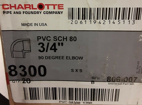 BRAND NEW Charlotte Pipe 8300 806-007 3/4” PVC SCH 80, 90 Degree Elbow