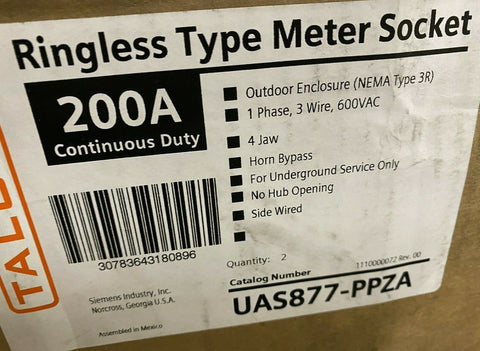 NEW (1) TALON RINGLESS METER SOCKET ENCLOSURE 200A CONTINUOUS DUTY(UAS877-PPZA)-Mega Mart Warehouse