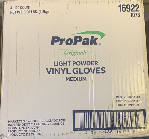 PROPAK LIGHT POWDER VINYL GLOVES MEDIUM 16922 (4-100 COUNT)