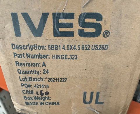(24-Pk) Ives Full Mortise Hinge Satin Chrome 4.5" x 4.5" HINGE.323 5BB1