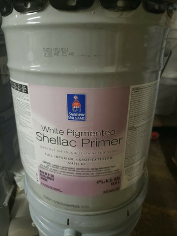 SHERWIN WILLIAMS WHITE PIGMENTED SHELLAC PRIMER FULL/SPOT INTERIOR, WHITE, 5 GAL-Mega Mart Warehouse-Ultimate Unclaimed Freight Buyer and Seller Specialists