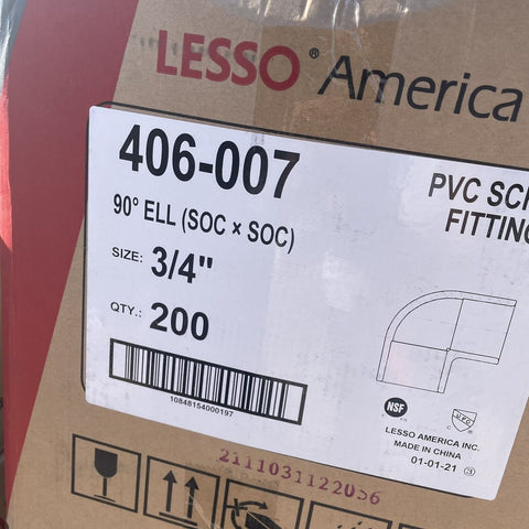 (200) LESSO 3/4" Sch 40 PVC 90 Elbow Soc 406-007
