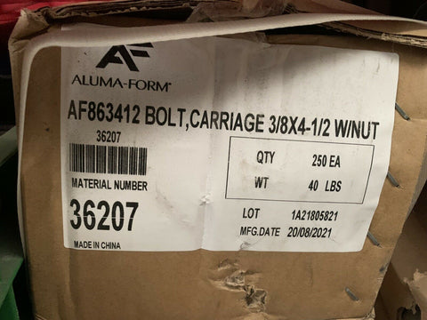 NEW Aluma-Form 3/8" x 4 1/2" Carriage Bolt W/Nut, AF863412 (250 PC LOT)