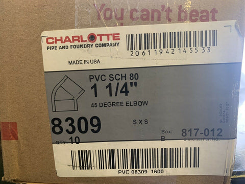 NEW Charlotte Pipe 8309, 1-1/4" 45D Elbow 817-012 (10 PC LOT)