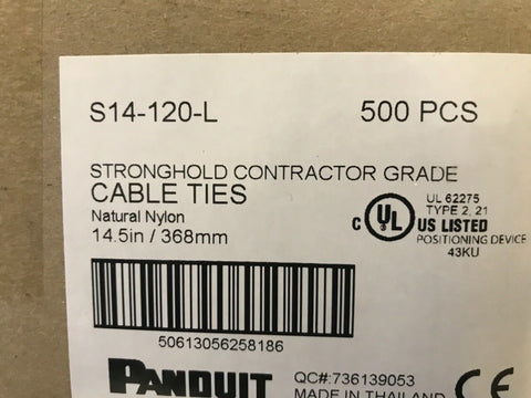 PANDUIT S14-120-L Cable Tie,14.49" L, Nylon, White, PK 500 CONTRACTOR GRADE-Mega Mart Warehouse-Ultimate Unclaimed Freight Buyer and Seller Specialists