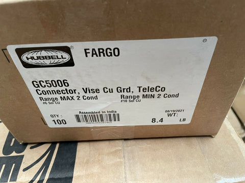 (100/CASE) HUBBELL FARGO GC5006 CONNECTOR, VISE CU GRD, TELECO RANGE MAX 2 COND