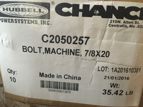 Hubbell Chance C2050257 20" X 7/8" Thread Diameter Galvanized Machine Bolt (7/8-Mega Mart Warehouse-Ultimate Unclaimed Freight Buyer and Seller Specialists