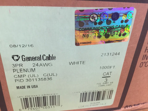 GENERAL CABLE (3 Pair) Conductor Multi-Pair Cable White 24 AWG 1000'-Mega Mart Warehouse-Ultimate Unclaimed Freight Buyer and Seller Specialists