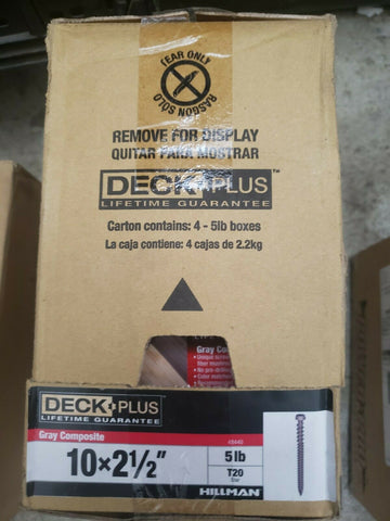 (4 BOXES/CASE) HILLMAN DECK PLUS GRAY COMPOSITE SCREWS 10X2-1/2", 5LB-Mega Mart Warehouse-Ultimate Unclaimed Freight Buyer and Seller Specialists