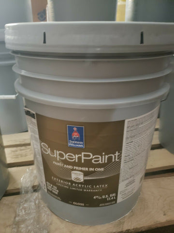 SHERWIN WILLIAMS SUPERPAINT PAINT & PRIMER IN ONE GLOSS, EXTERIOR ACRYLIC 5 GAL-Mega Mart Warehouse-Ultimate Unclaimed Freight Buyer and Seller Specialists