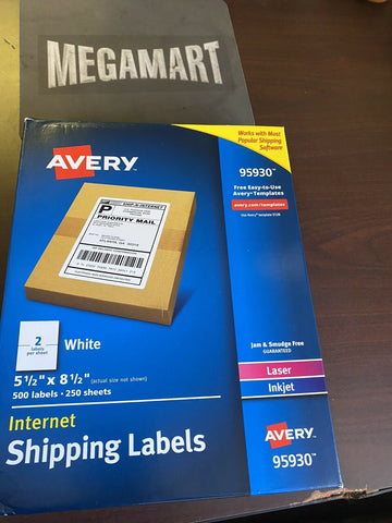 Avery NEW  Laser/Inkjet Shipping Labels, 5 1/2" x 8 1/2", White, 500 Labels