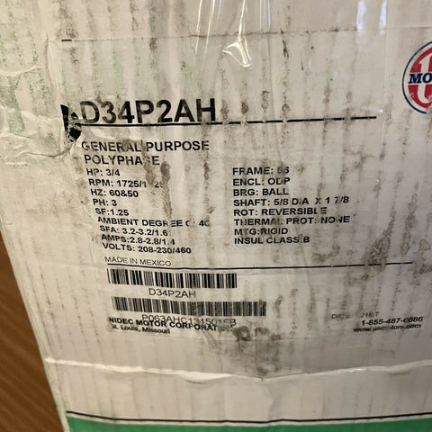 NEW D34P2AH Nidec, 3/4 HP, 1800 RPM, 56 Frame, 208-230/460V,  Open Drip Proof,
