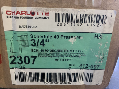 NEW Charlotte Pipe 2307, 3/4" Sch 40 90D Street Ell 412-007 (25 PC BOX)