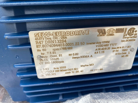 Neuf SEW-EURODRIVE R47 DRN132S4 Hélicoïdal Motoréducteur 230/460 V, 1768/462