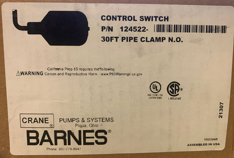 NEW Crane Pumps & Systems Control Switch 124522 30ft Pipe Clamp N.O.