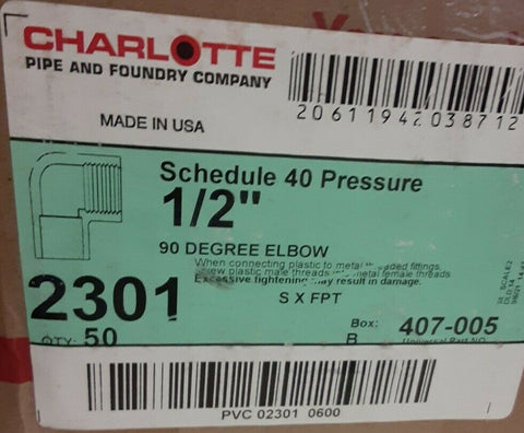BRAND NEW charlotte sch 40 90 degree elbow 2301, 407-005 ( 2 BOX 0F 50 PIECES )