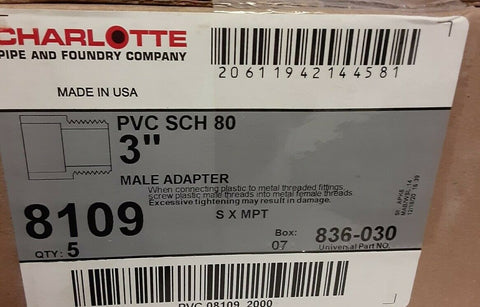 BRAND NEW Charlotte 3" Male Adapter 8109 836-030  ( 5 PER ORDER )