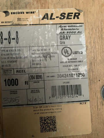 NEW Encore Wire 1000' Aluminum Service Entrance Cable, SE-Style R AL-SER 8-8-8