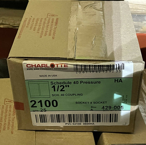 CHARLOTTE SCHEDULE 40 PRESSURE 1/2" COUPLING, 2100, 429-005, BOX OF 25-Mega Mart Warehouse