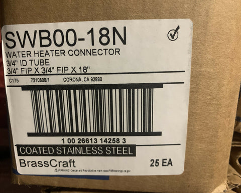 (25) BrassCraft SWB00-18N SS Water Heater Connector 3/4" ID, 3/4"FIPx3/4"FIPx18"