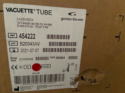 Greiner Bio-One VACUETTE Tube - Sealed Pack of 50 - 454222 2mL K3EDTA 13x75 1200-Mega Mart Warehouse-Ultimate Unclaimed Freight Buyer and Seller Specialists