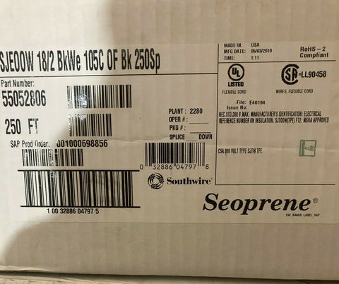 NEW 55052806 - 18/2 Sjeoow Cord 250' Reel, Seoprene Jacket-Mega Mart Warehouse