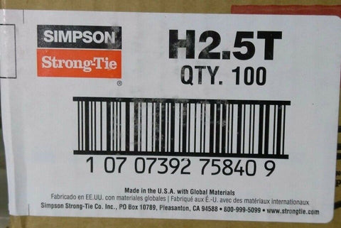 100 Pk Simpson Strong-Tie Galv Steel 18 Ga Rafter To Top Plate Brace Tie H2.5T-Mega Mart Warehouse-Ultimate Unclaimed Freight Buyer and Seller Specialists