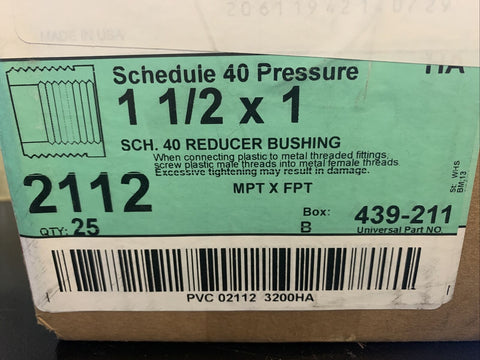 NEW Charlotte Pipe 2112, 1-1/2"x1" Sch 40 Reducer Bushing 439-211 (25 PC BOX)