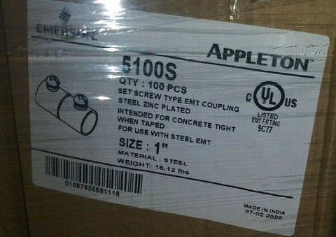 (1 CASE OF 100) NEW Appleton Set-Screw EMT Coupling 1" 5100S-Mega Mart Warehouse
