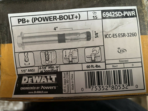 NEW Dewalt Power-Bolt Sleeve Anchor, Hex Head, 5/8" x 4, 6942DS-PWR (15 PC LOT)